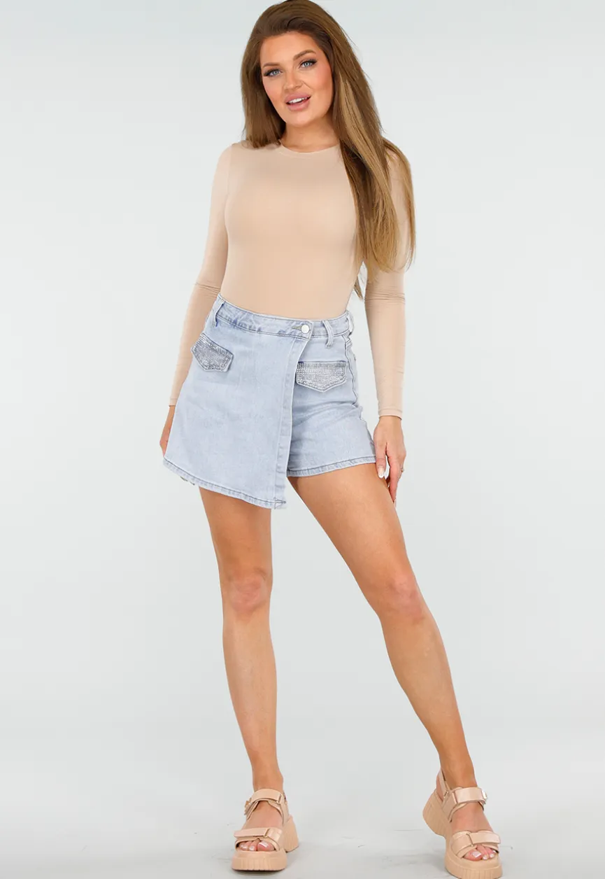 Beige Basic String Bodysuit met Stretch en Lange Mouwen