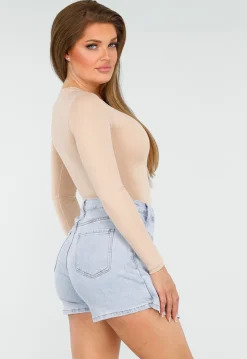 Beige Basic String Bodysuit met Stretch en Lange Mouwen