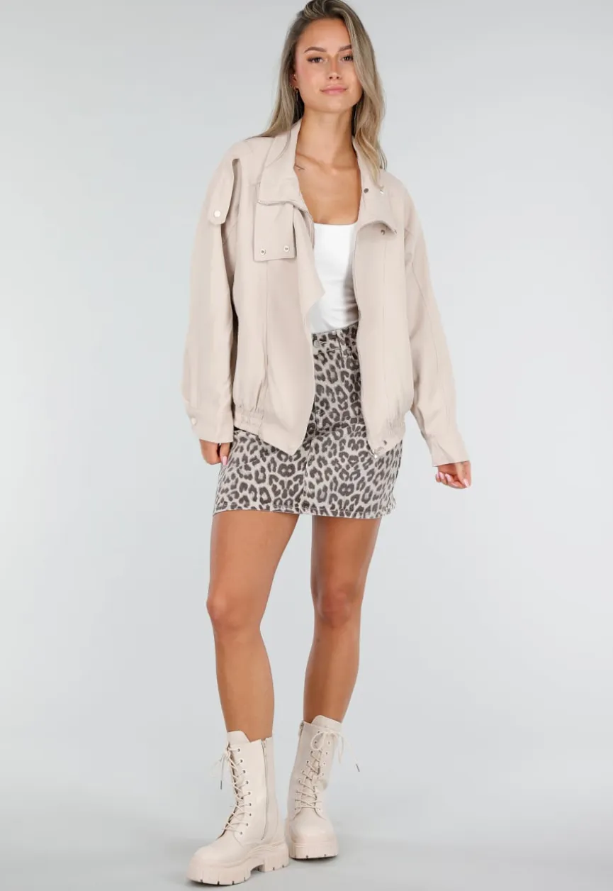 Beige Bikerjack met Opstaande Kraag en Ritssluiting