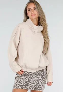 Beige Bikerjack met Opstaande Kraag en Ritssluiting