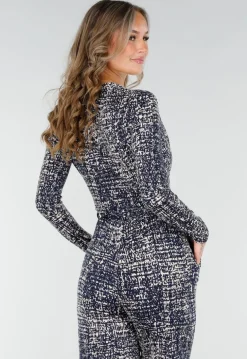 Beige-Blauwe Stretch Jumpsuit met All-Over Print en Strikceintuur