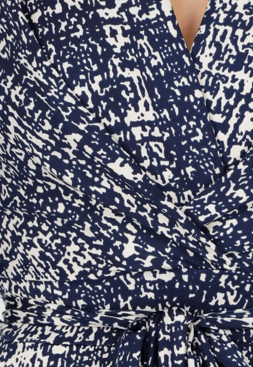 Beige-Blauwe Stretch Jumpsuit met All-Over Print en Strikceintuur