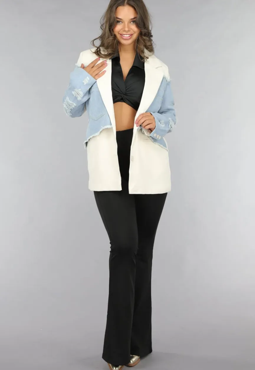Beige Blazer met Denim Details