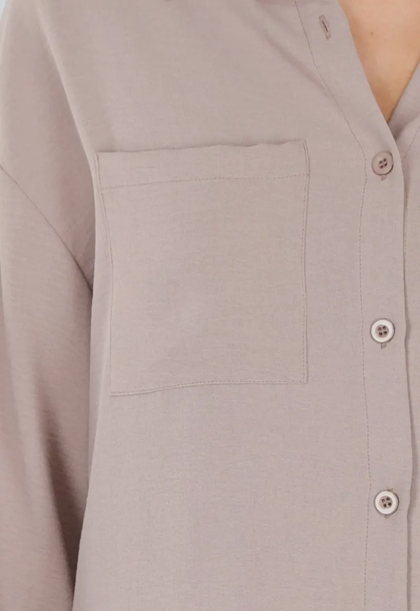 Beige Blouse met Kraag, Knoopsluiting en Lange Mouwen