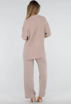 Beige Blouse met Kraag, Knoopsluiting en Lange Mouwen