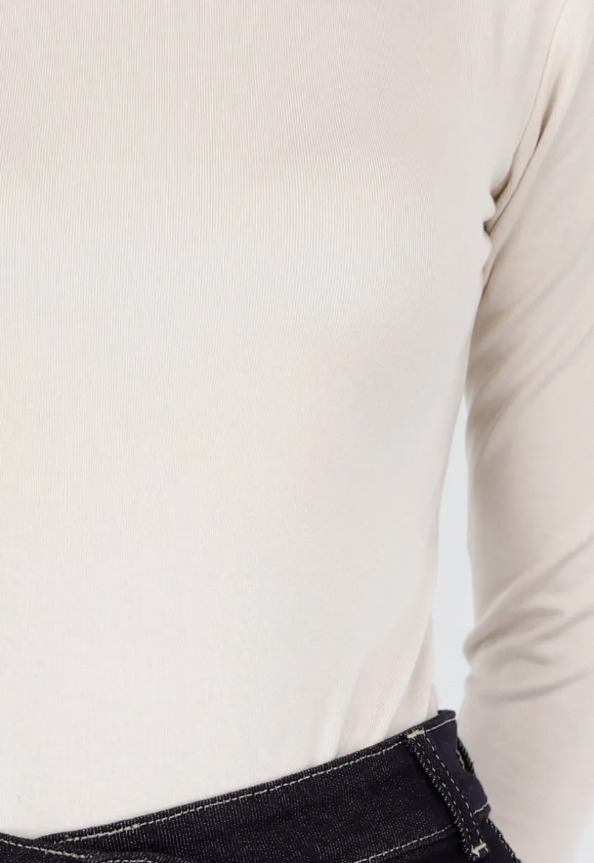 Beige Bodysuit met Lange Mouwen en Ronde Hals Stretch