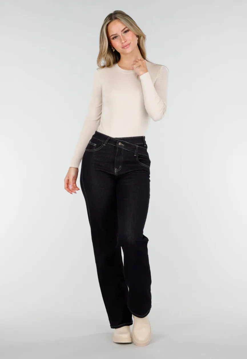 Beige Bodysuit met Lange Mouwen en Ronde Hals Stretch