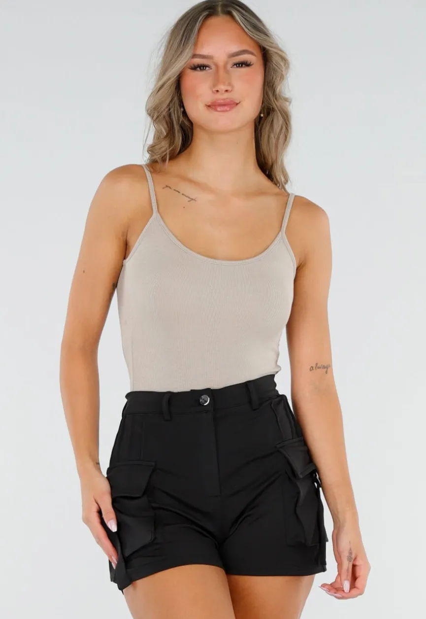 Beige Bodysuit met Spaghetti Bandjes en Pads