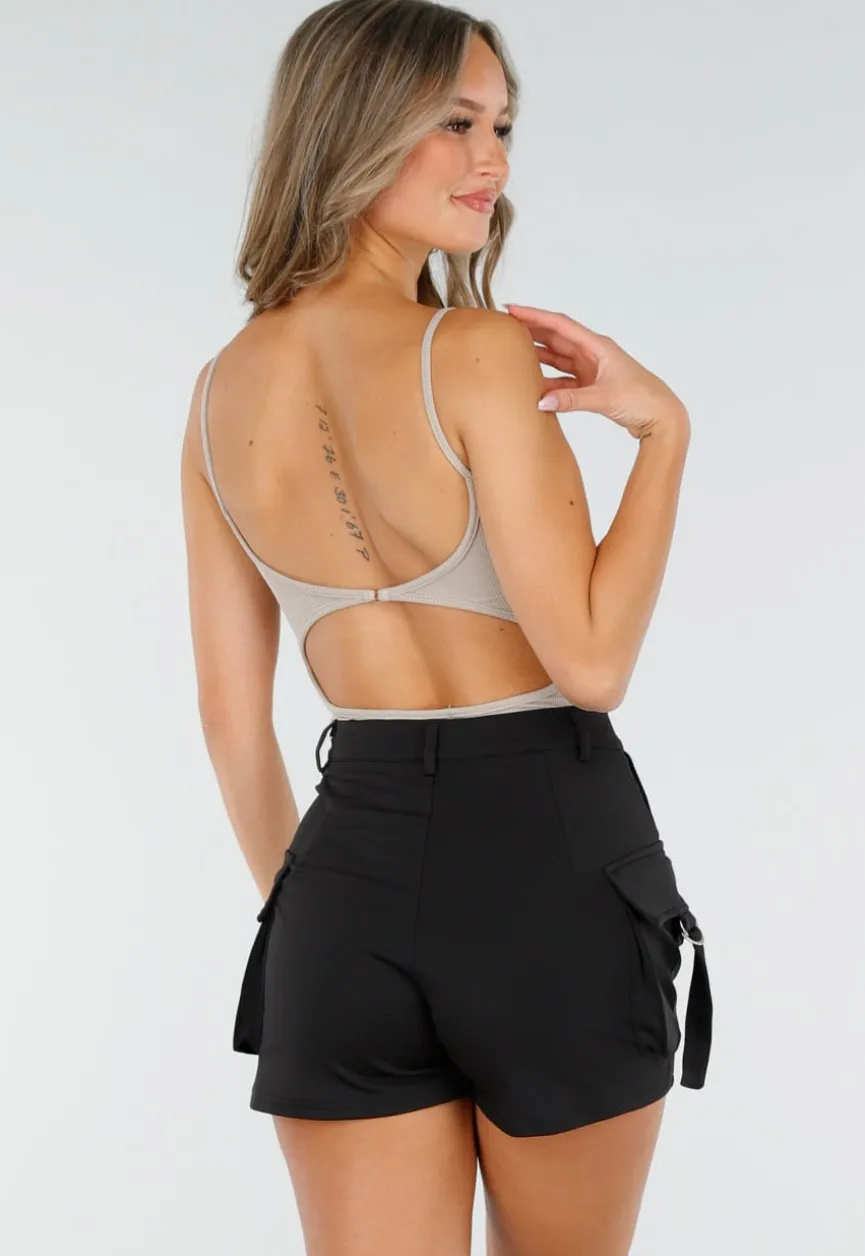 Beige Bodysuit met Spaghetti Bandjes en Pads