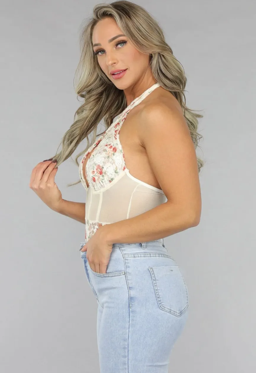 Beige Bodysuit met Vintage Bloemetjes
