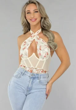 Beige Bodysuit met Vintage Bloemetjes