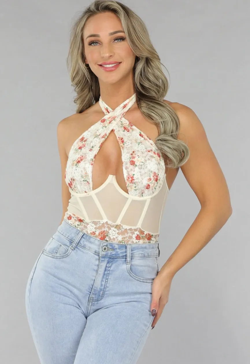 Beige Bodysuit met Vintage Bloemetjes
