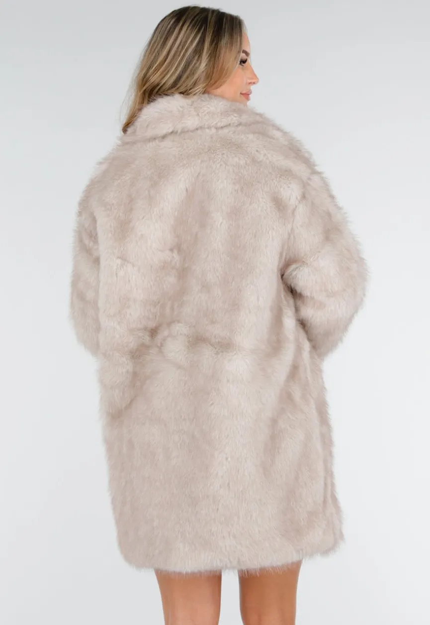 Beige Bontjas Jas met Grote Kraag en Steekzakken