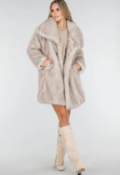 Beige Bontjas Jas met Grote Kraag en Steekzakken