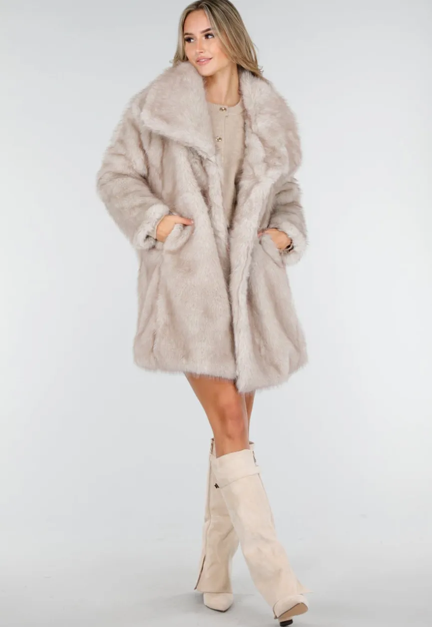 Beige Bontjas Jas met Grote Kraag en Steekzakken