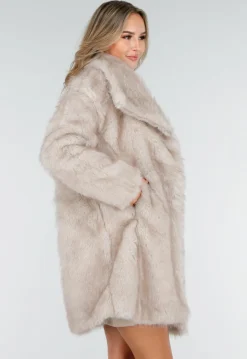Beige Bontjas Jas met Grote Kraag en Steekzakken