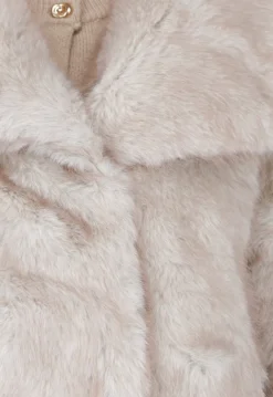 Beige Bontjas Jas met Grote Kraag en Steekzakken