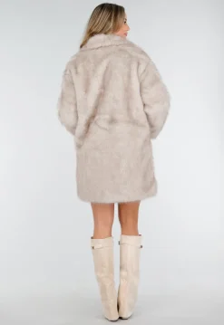Beige Bontjas Jas met Grote Kraag en Steekzakken