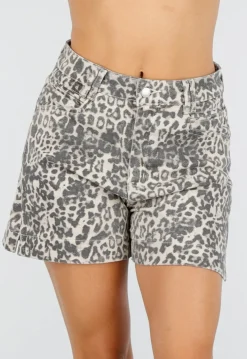 Beige Bruine Leopard Print Shorts met Rechte Pijpen