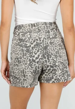 Beige Bruine Leopard Print Shorts met Rechte Pijpen