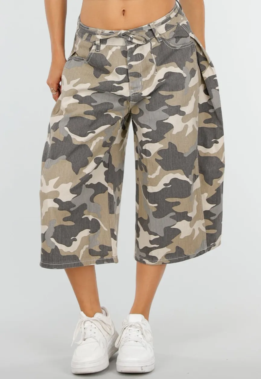 Beige Camouflage Culotte Broek met Lage Taille