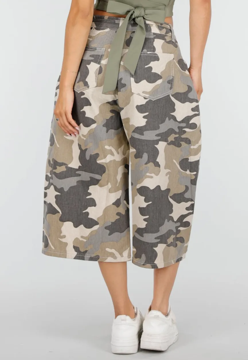 Beige Camouflage Culotte Broek met Lage Taille