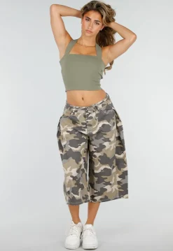 Beige Camouflage Culotte Broek met Lage Taille