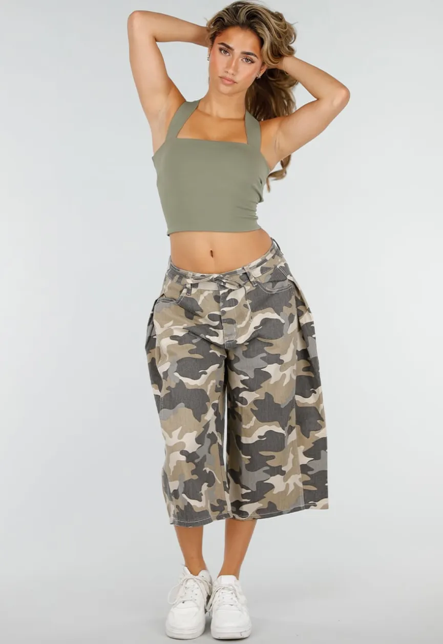 Beige Camouflage Culotte Broek met Lage Taille