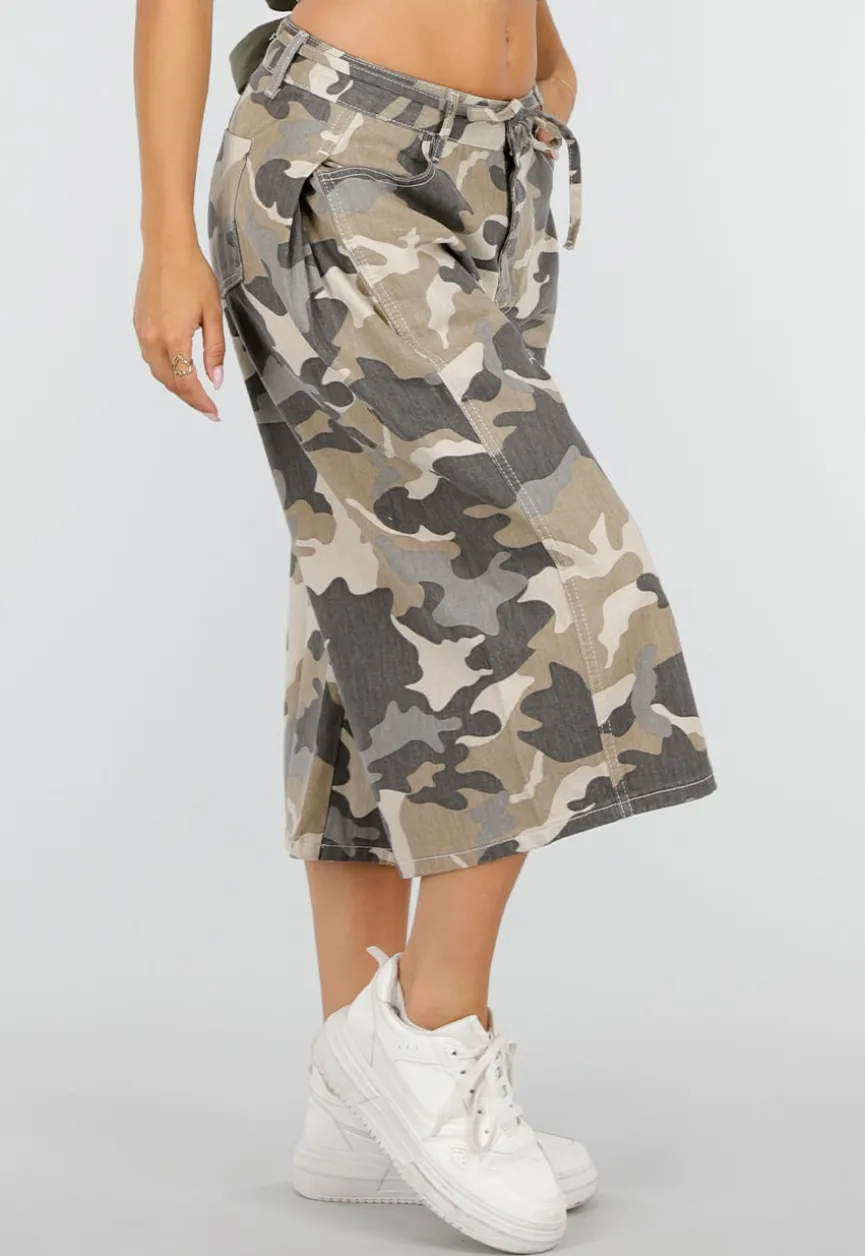 Beige Camouflage Culotte Broek met Lage Taille