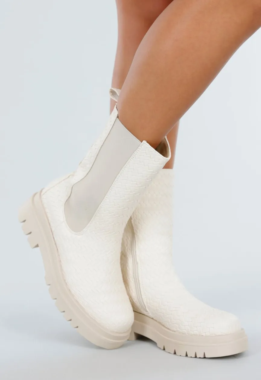 Beige Chelsea Boots met Geweven Detail en Chunky Zool