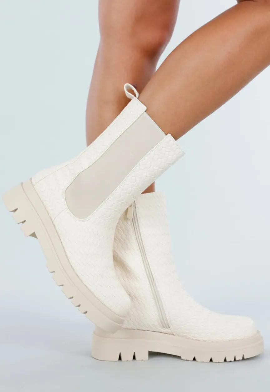 Beige Chelsea Boots met Geweven Detail en Chunky Zool