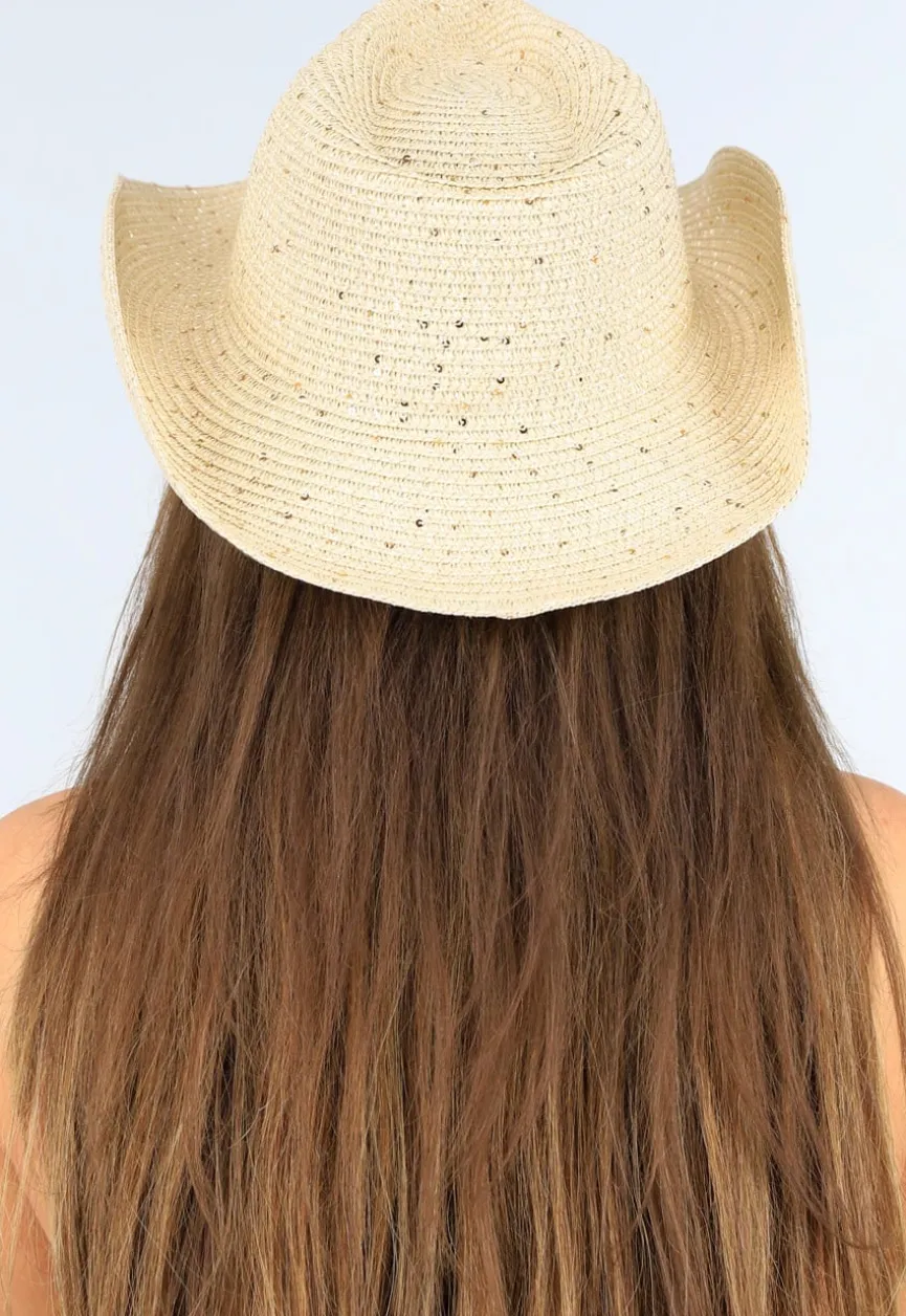 Beige Cowboy Hoed met Aantrekkoord en Pailletten