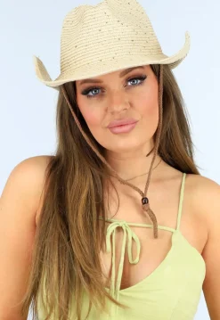 Beige Cowboy Hoed met Aantrekkoord en Pailletten