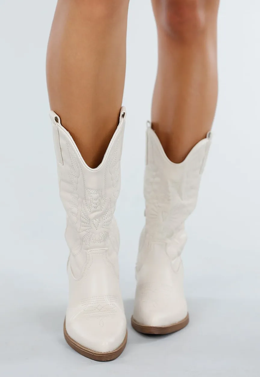 Beige Cowboylaarzen met Sierstiksels en Rits