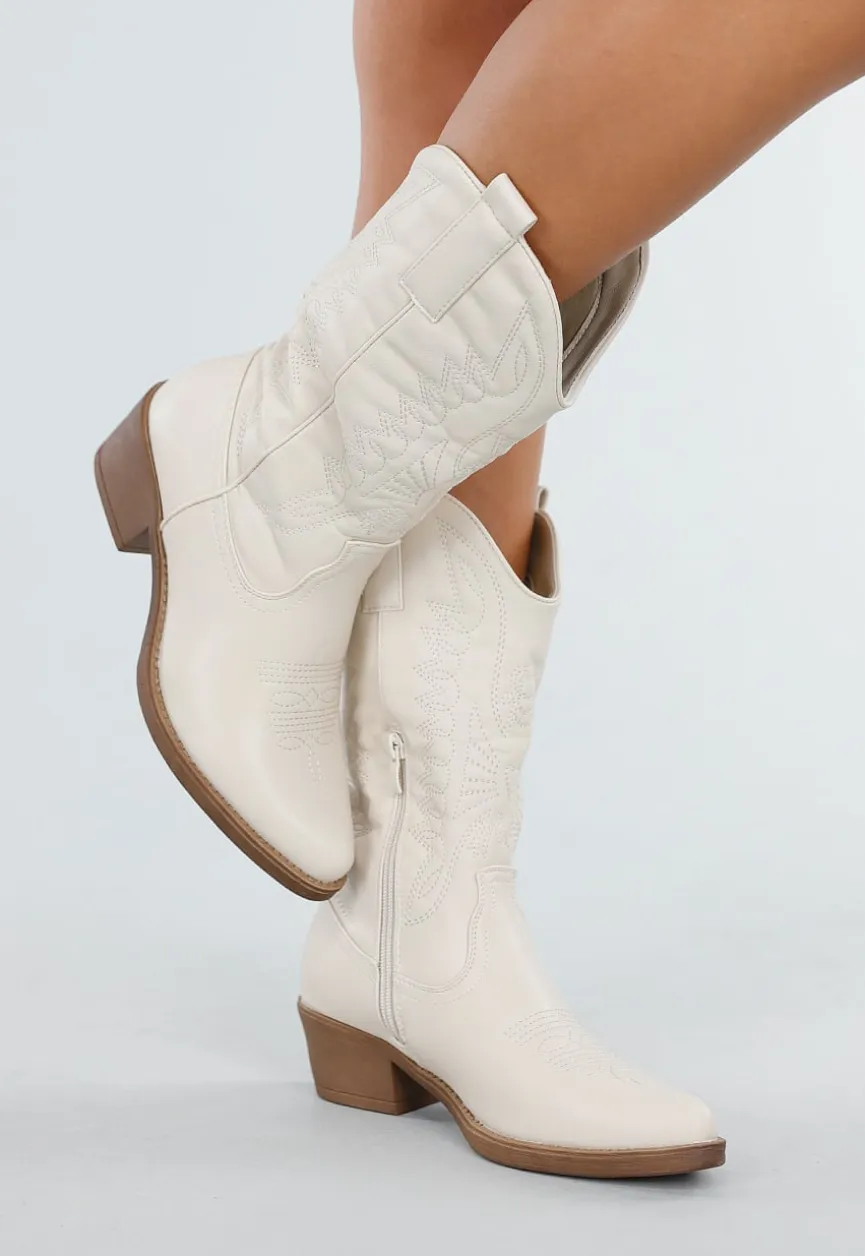 Beige Cowboylaarzen met Sierstiksels en Rits