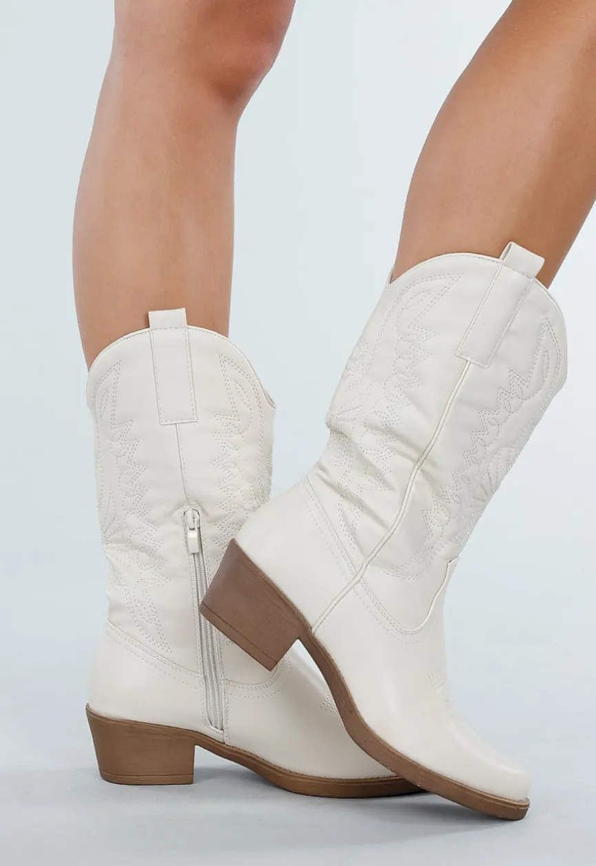 Beige Cowboylaarzen met Sierstiksels en Rits