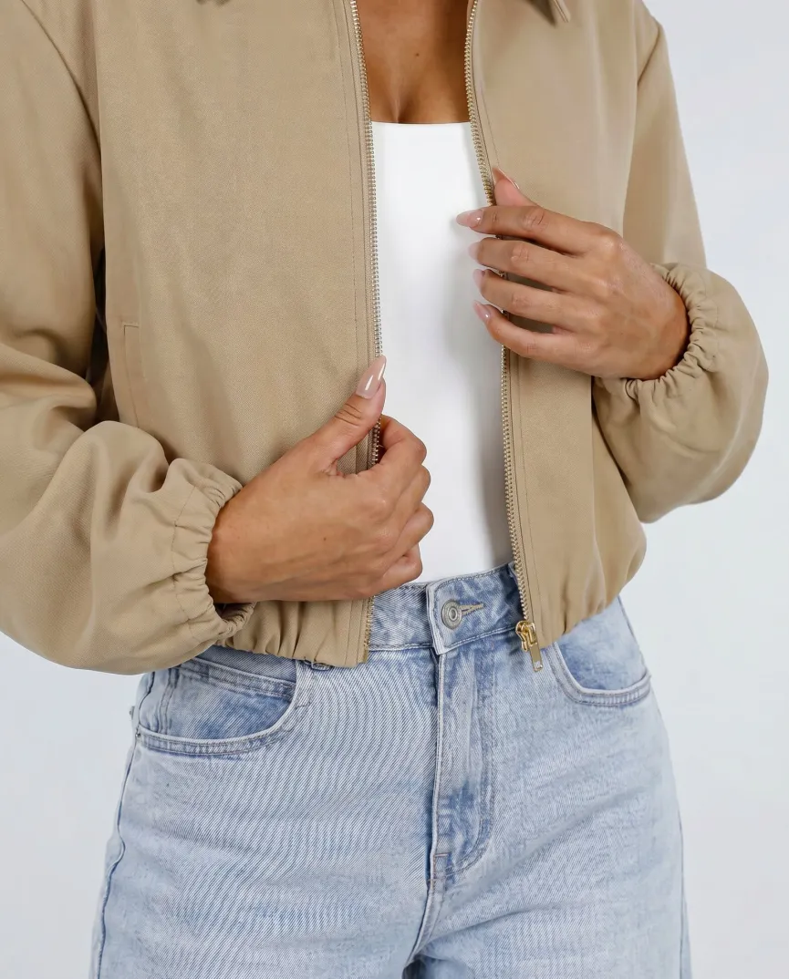 Beige Cropped Bomberjack met Ritssluiting en Ballonmouwen