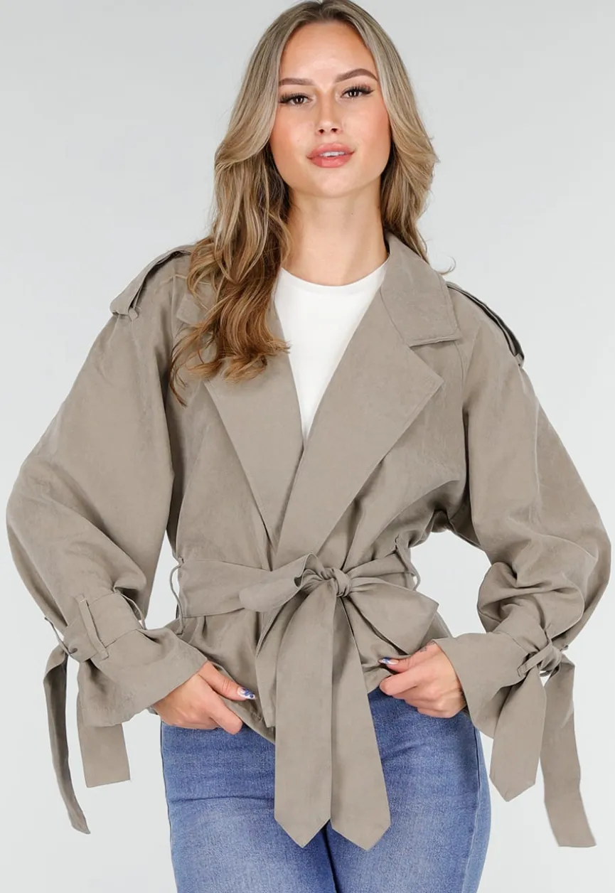 Beige Cropped Trenchcoat Jas met Strikceintuur