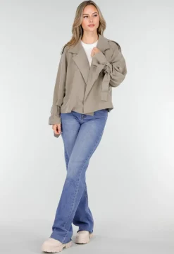 Beige Cropped Trenchcoat Jas met Strikceintuur