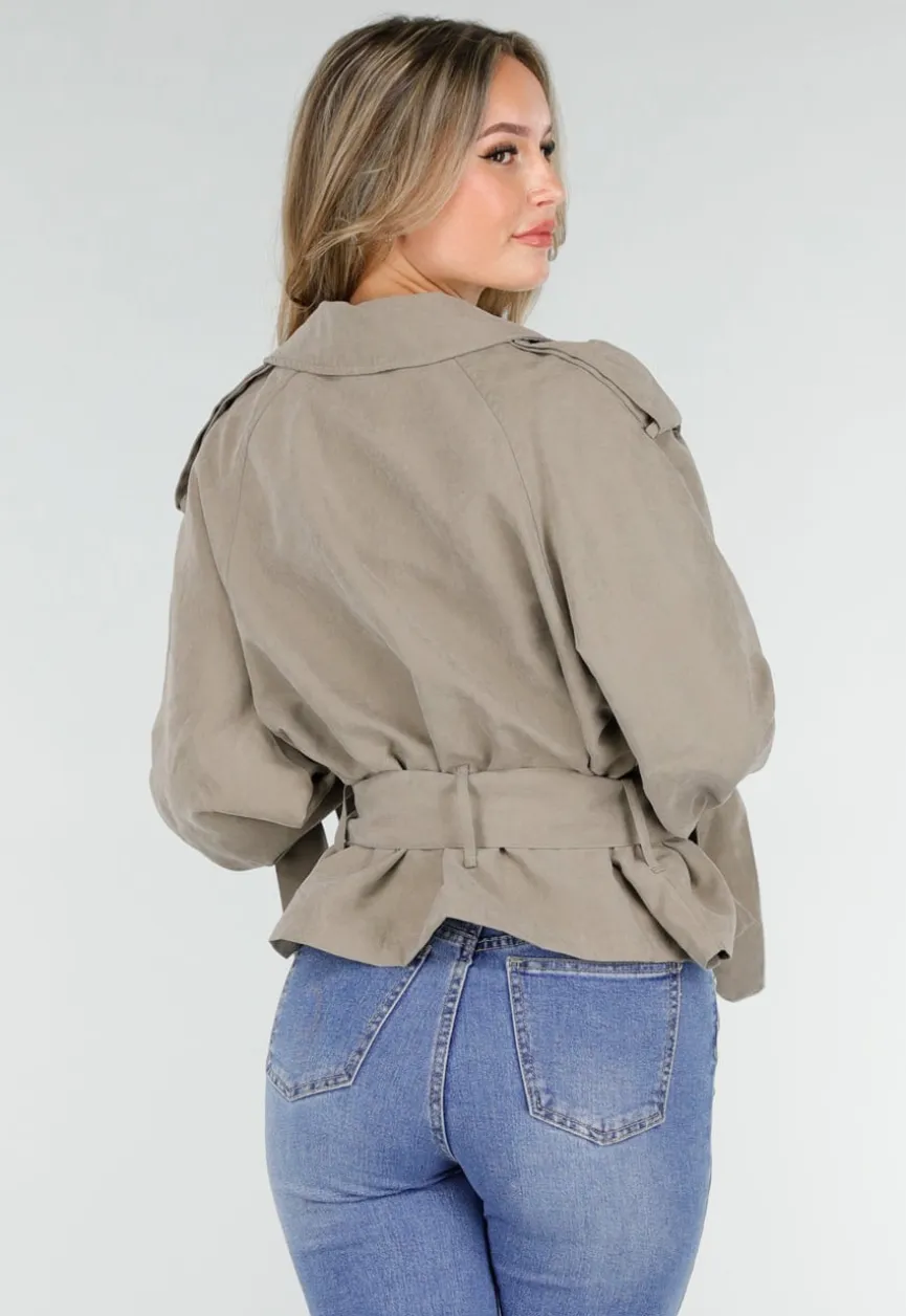 Beige Cropped Trenchcoat Jas met Strikceintuur