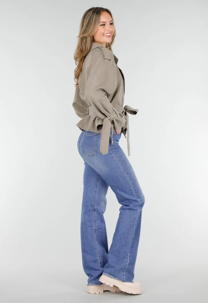 Beige Cropped Trenchcoat Jas met Strikceintuur