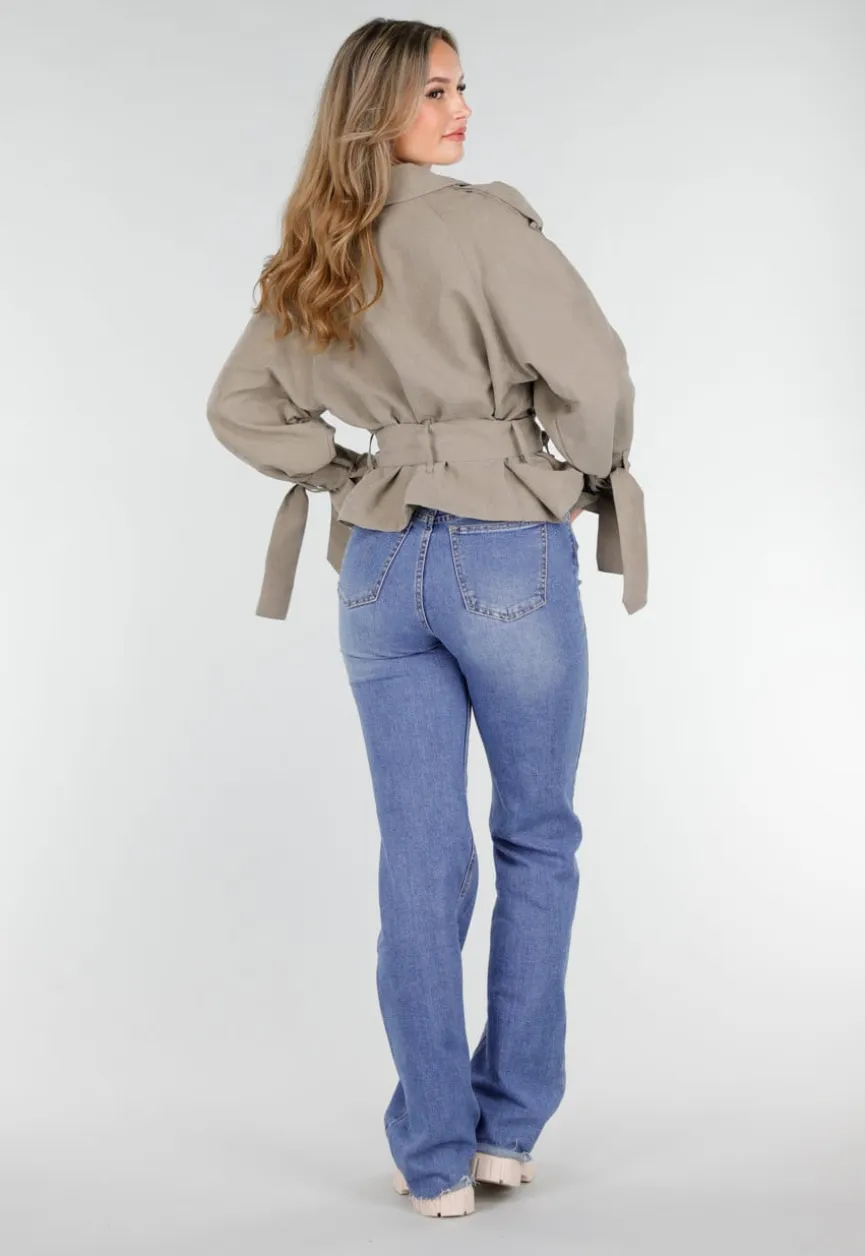 Beige Cropped Trenchcoat Jas met Strikceintuur