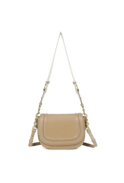 Beige Crossbody Tas met Brede Band en Gouden Accenten