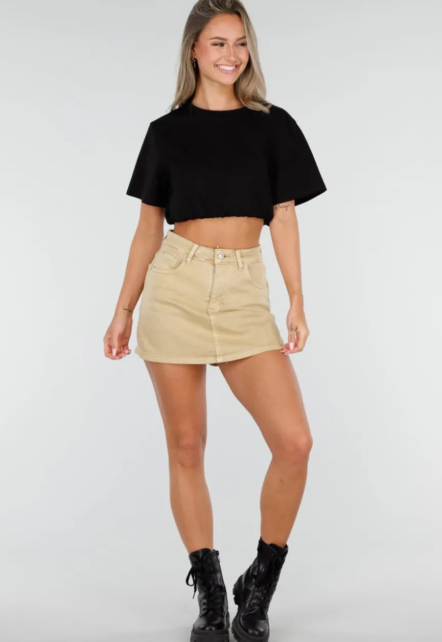 Beige Denim Skort met Stretch en Hoge Taille