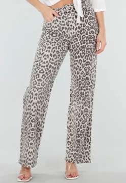 Beige Denim Straight Leg Jeans met Luipaardprint en Hoge Taille