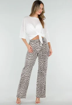 Beige Denim Straight Leg Jeans met Luipaardprint en Hoge Taille