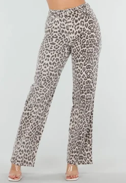 Beige Denim Straight Leg Jeans met Luipaardprint en Hoge Taille