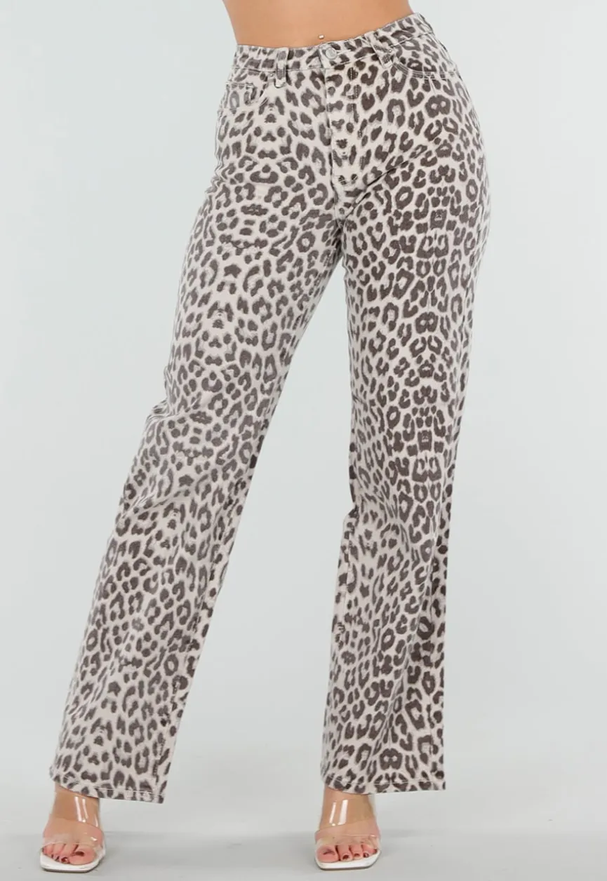 Beige Denim Straight Leg Jeans met Luipaardprint en Hoge Taille