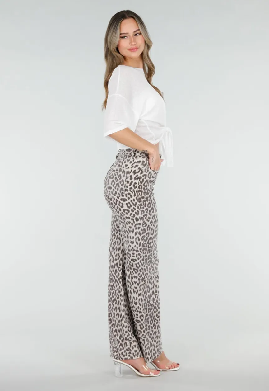 Beige Denim Straight Leg Jeans met Luipaardprint en Hoge Taille