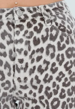 Beige Denim Straight Leg Jeans met Luipaardprint en Hoge Taille